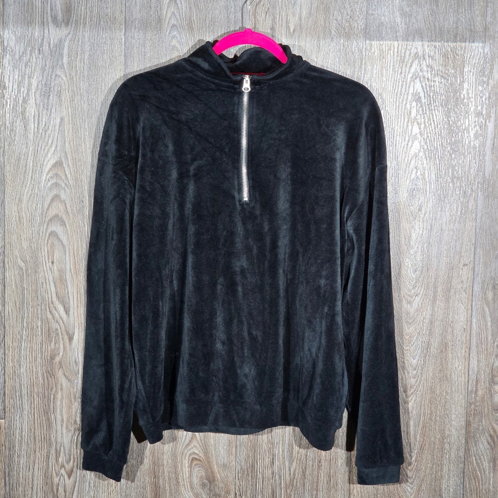 Better Together Black Velour‎ Mock Neck Quarter Zip Long Sleeve Pullover Top L